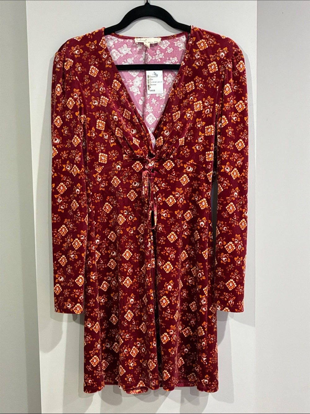 Bebop NWT Velvet Long Sleeve Twist-Front Floral Jersey Dress in Burgundy